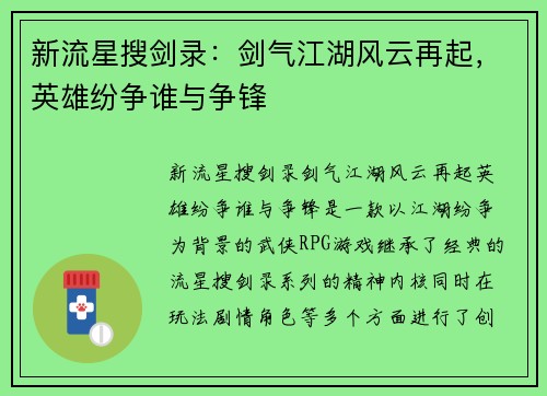 新流星搜剑录：剑气江湖风云再起，英雄纷争谁与争锋